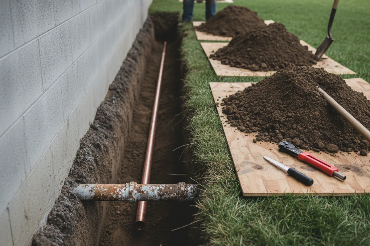 Excavated water line trench during Water Softener Installation in Minford